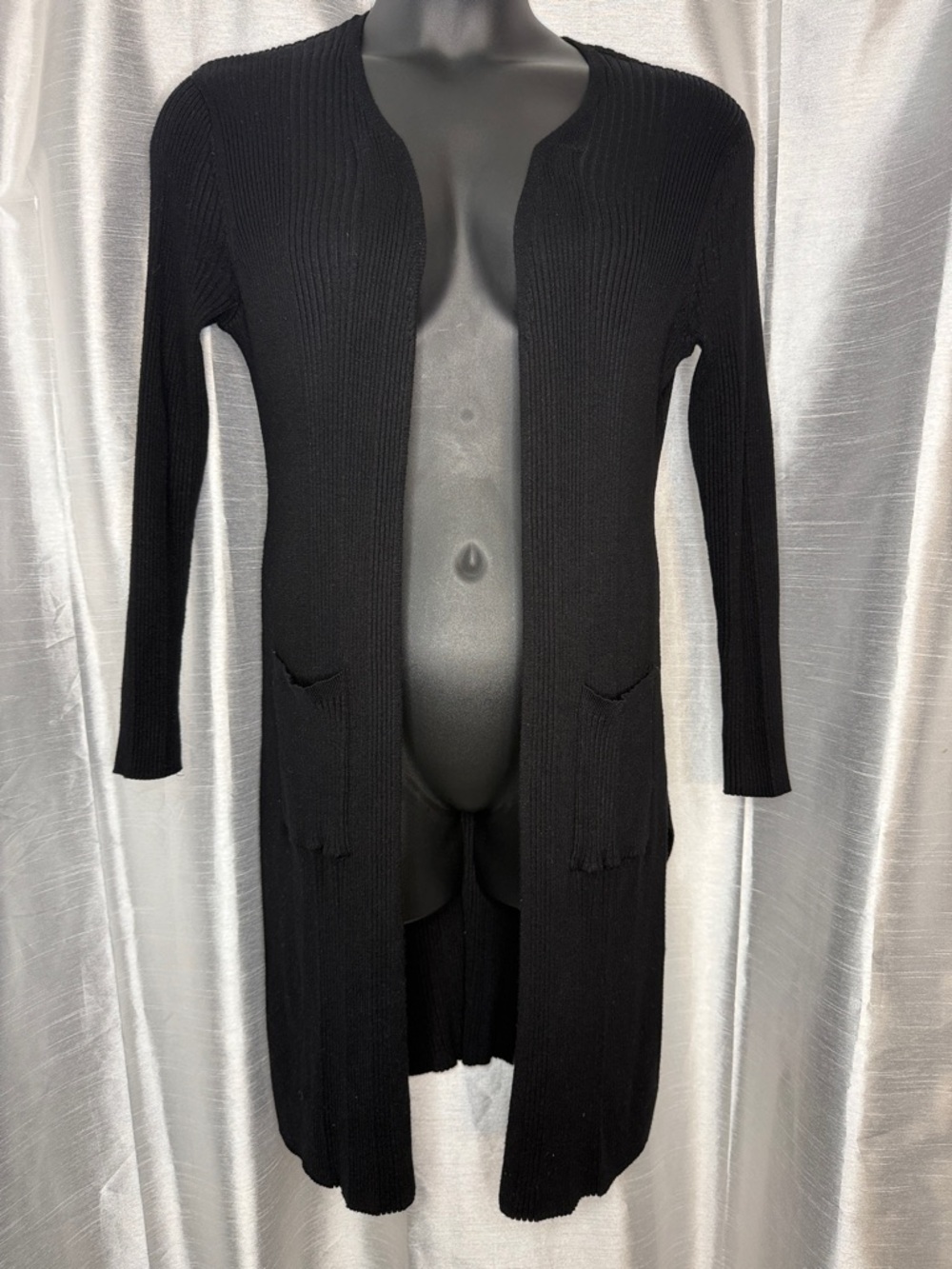 Faded Glory Open Cardigan Long Line Pockets Ribbed Goth Office Casual Women’s L